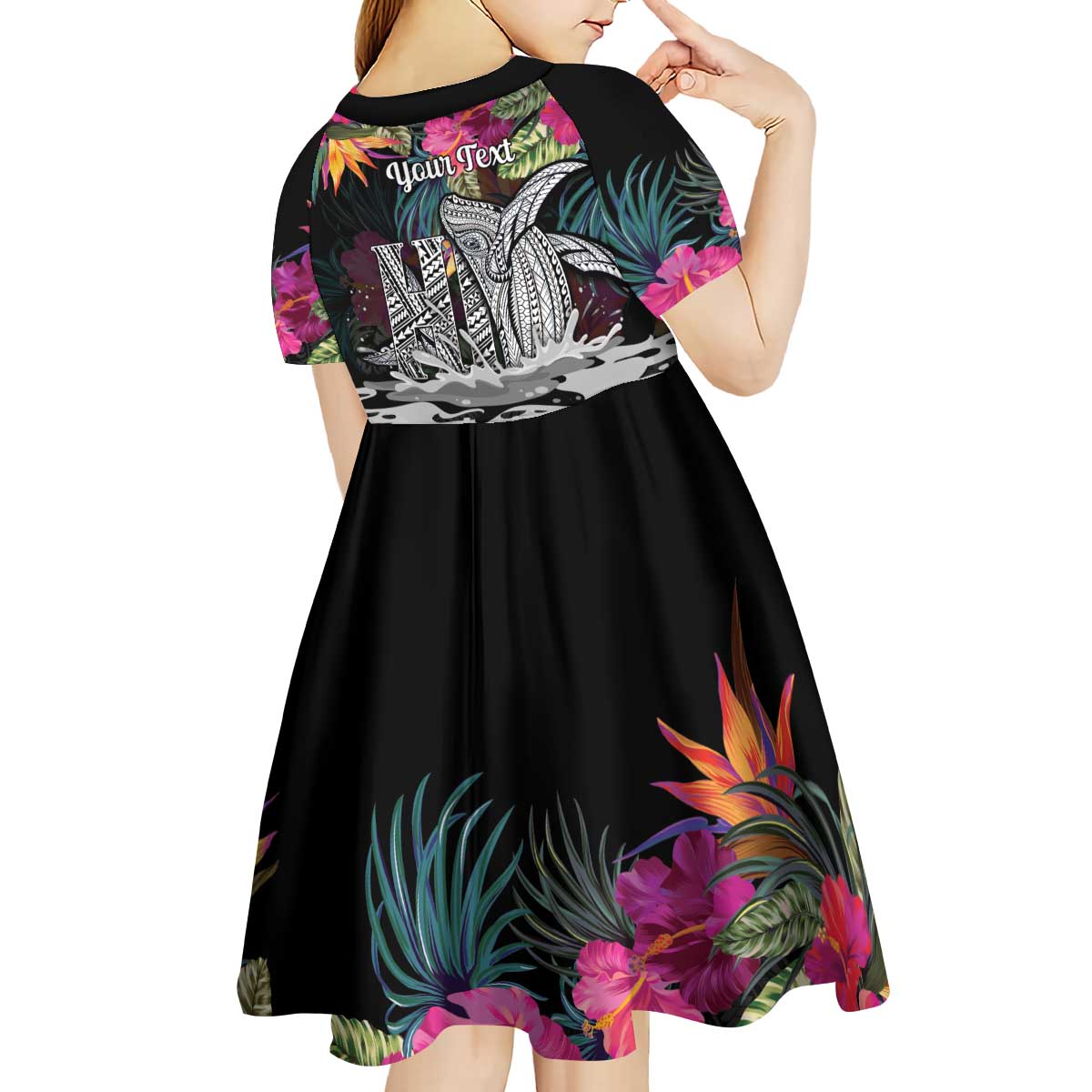 Personalised Hawaii Kid Short Sleeve Dress Humpback Whale Tattoo With Tropical Flowers Black
