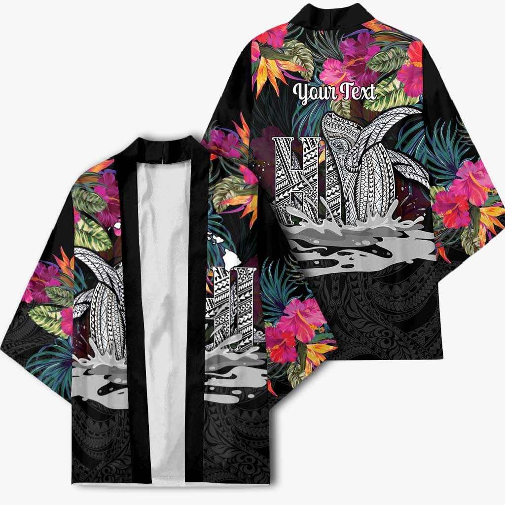 Personalised Hawaii Kimono Humpback Whale Tattoo With Tropical Flowers Black
