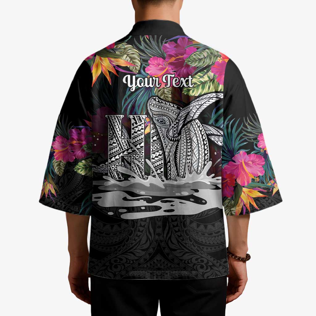 Personalised Hawaii Kimono Humpback Whale Tattoo With Tropical Flowers Black
