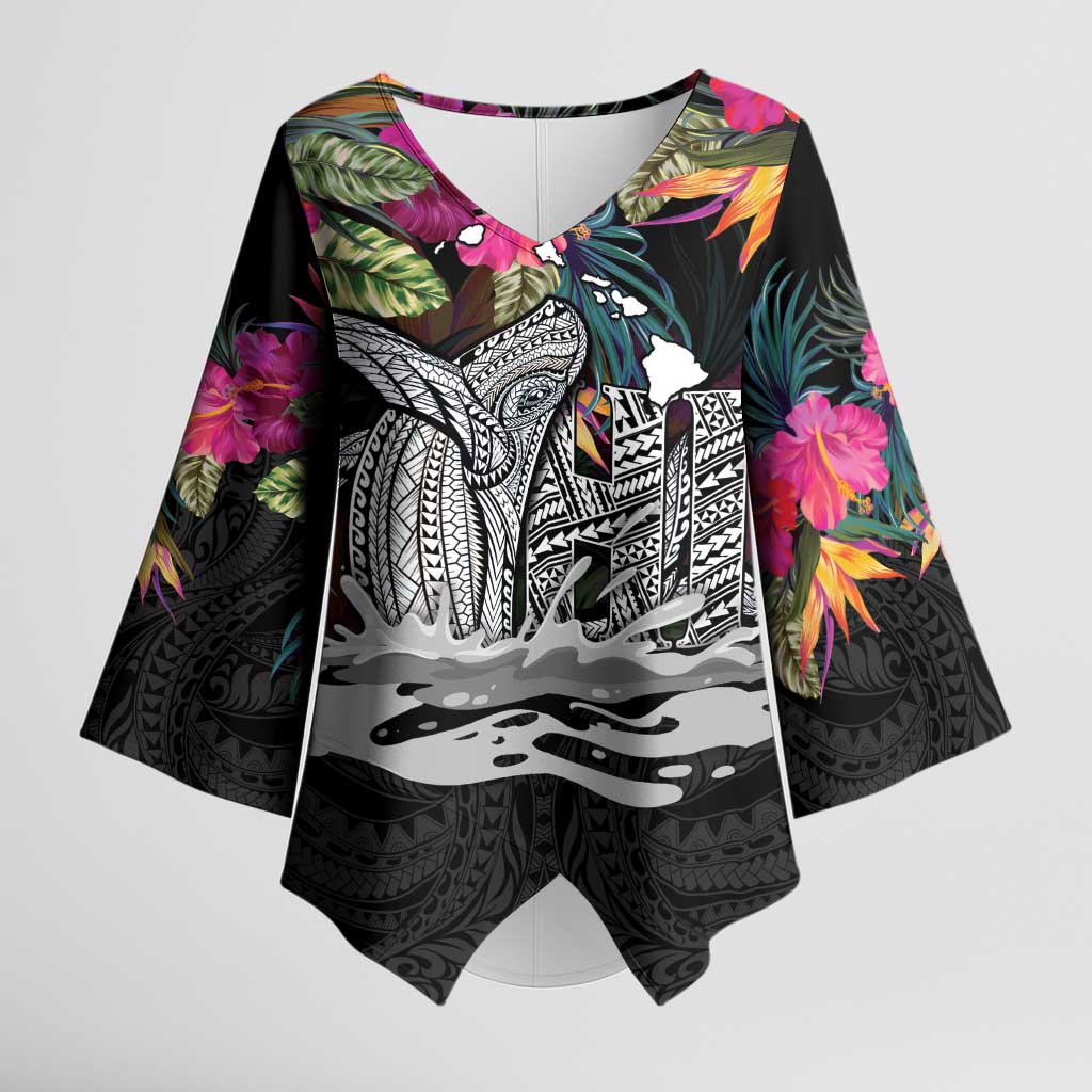 Personalised Hawaii Kimono Sleeve Blouse Humpback Whale Tattoo With Tropical Flowers Black