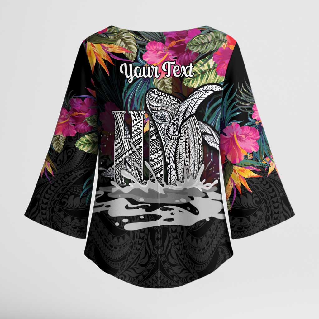 Personalised Hawaii Kimono Sleeve Blouse Humpback Whale Tattoo With Tropical Flowers Black