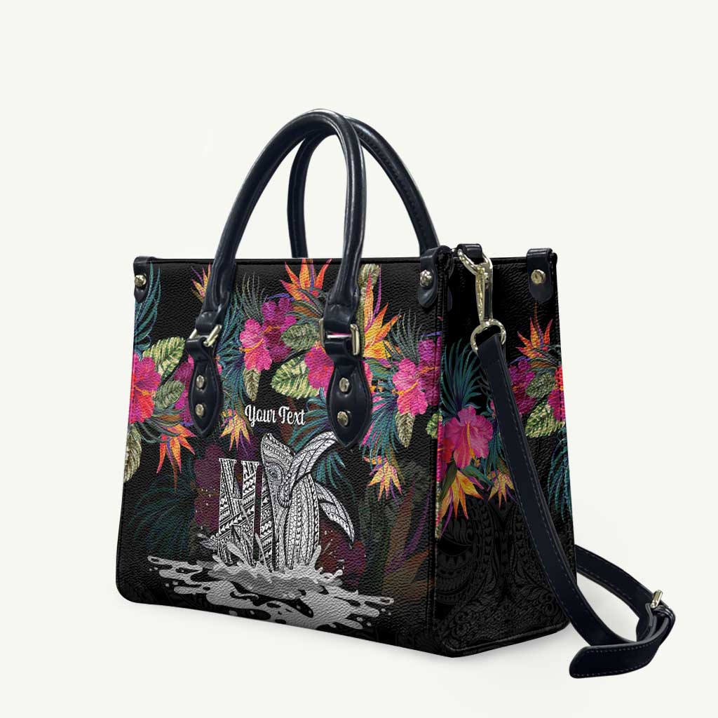 Personalised Hawaii Leather Bag Humpback Whale Tattoo With Tropical Flowers Black