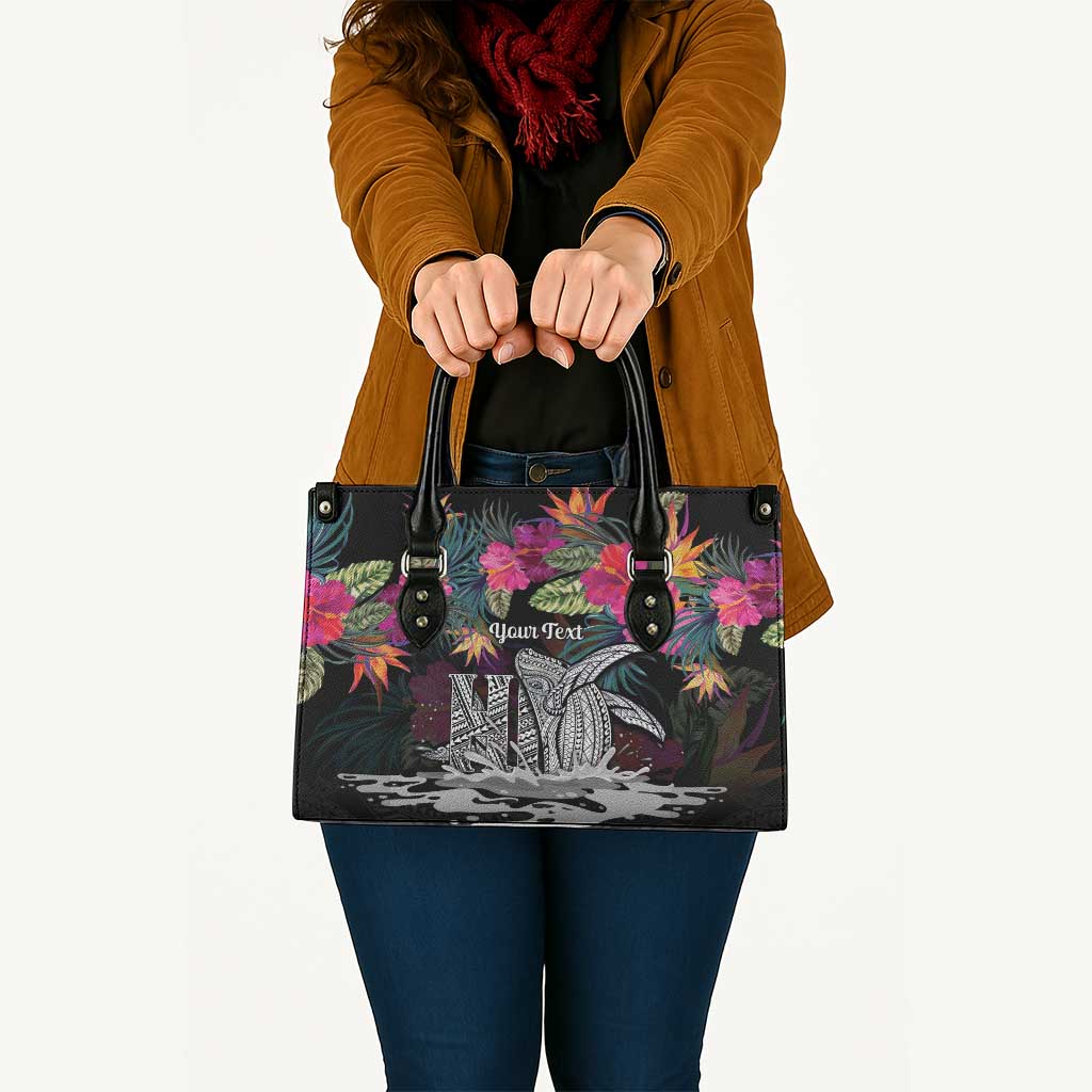 Personalised Hawaii Leather Bag Humpback Whale Tattoo With Tropical Flowers Black