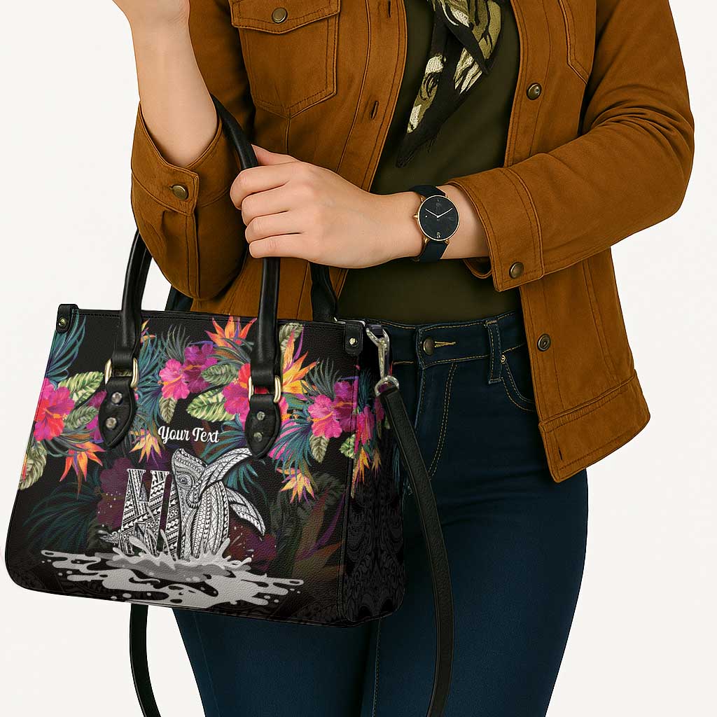 Personalised Hawaii Leather Bag Humpback Whale Tattoo With Tropical Flowers Black
