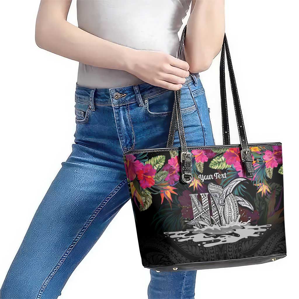 Personalised Hawaii Leather Tote Bag Humpback Whale Tattoo With Tropical Flowers Black
