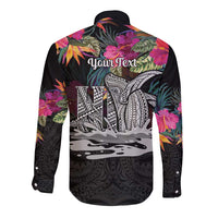 Personalised Hawaii Long Sleeve Button Shirt Humpback Whale Tattoo With Tropical Flowers Black