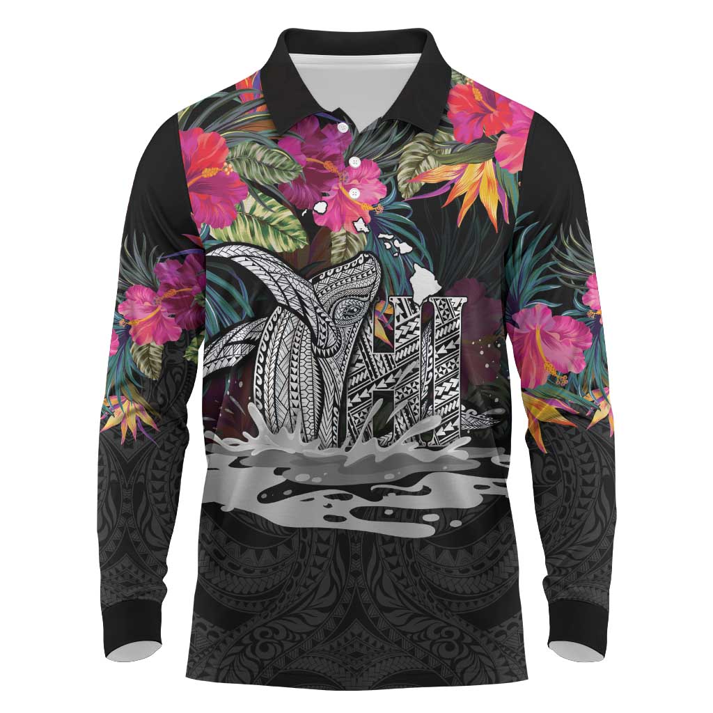 Personalised Hawaii Long Sleeve Polo Shirt Humpback Whale Tattoo With Tropical Flowers Black