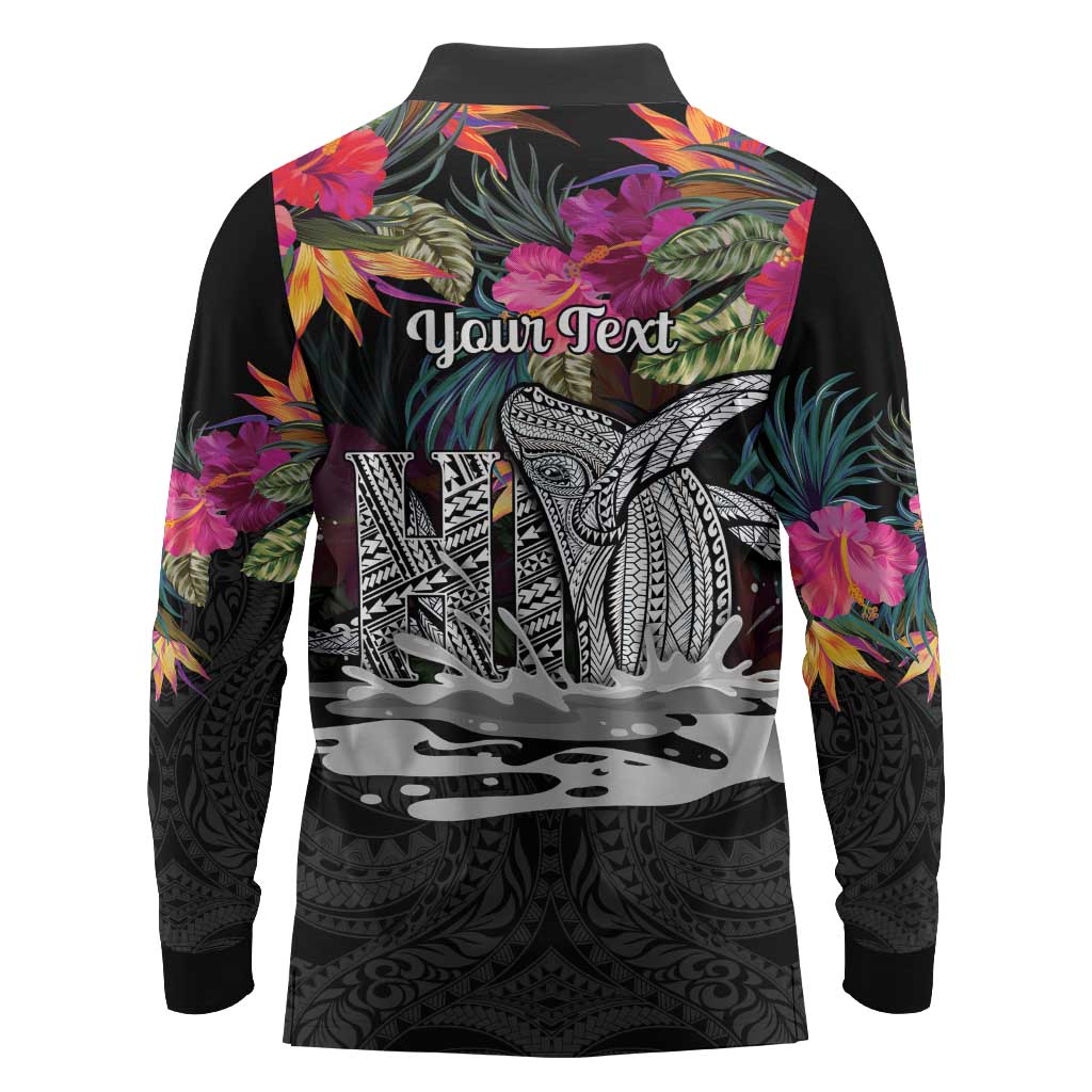 Personalised Hawaii Long Sleeve Polo Shirt Humpback Whale Tattoo With Tropical Flowers Black