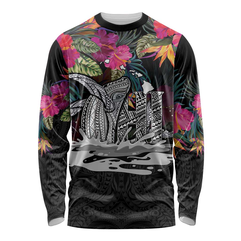 Personalised Hawaii Long Sleeve Shirt Humpback Whale Tattoo With Tropical Flowers Black