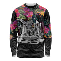 Personalised Hawaii Long Sleeve Shirt Humpback Whale Tattoo With Tropical Flowers Black