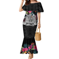 Personalised Hawaii Mermaid Dress Humpback Whale Tattoo With Tropical Flowers Black