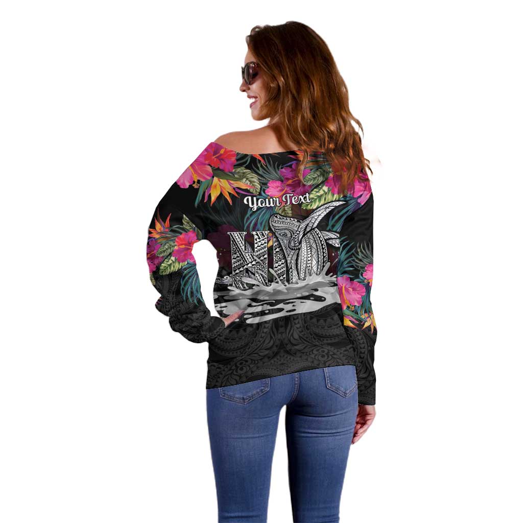 Personalised Hawaii Off Shoulder Sweater Humpback Whale Tattoo With Tropical Flowers Black