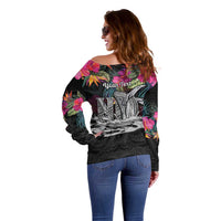 Personalised Hawaii Off Shoulder Sweater Humpback Whale Tattoo With Tropical Flowers Black