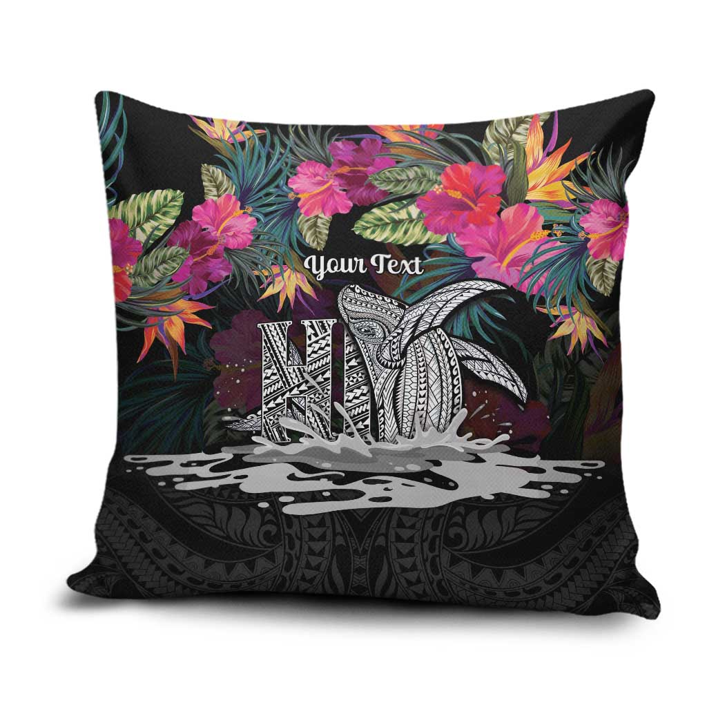 Personalised Hawaii Pillow Cover Humpback Whale Tattoo With Tropical Flowers Black