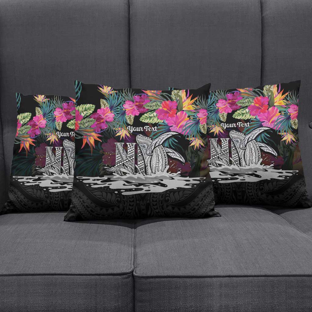 Personalised Hawaii Pillow Cover Humpback Whale Tattoo With Tropical Flowers Black