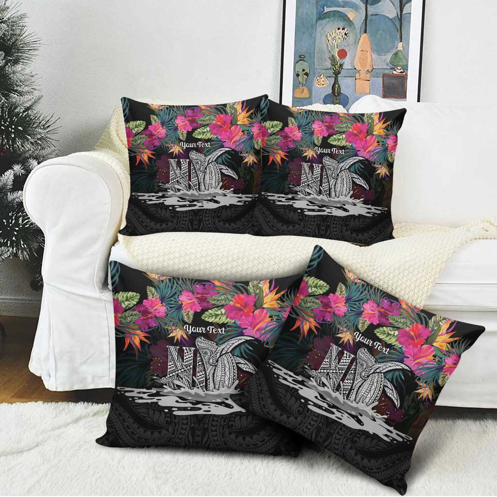 Personalised Hawaii Pillow Cover Humpback Whale Tattoo With Tropical Flowers Black