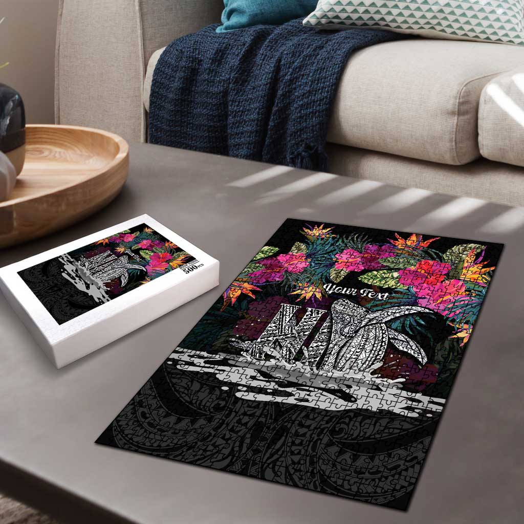 Personalised Hawaii Puzzle Humpback Whale Tattoo With Tropical Flowers Black