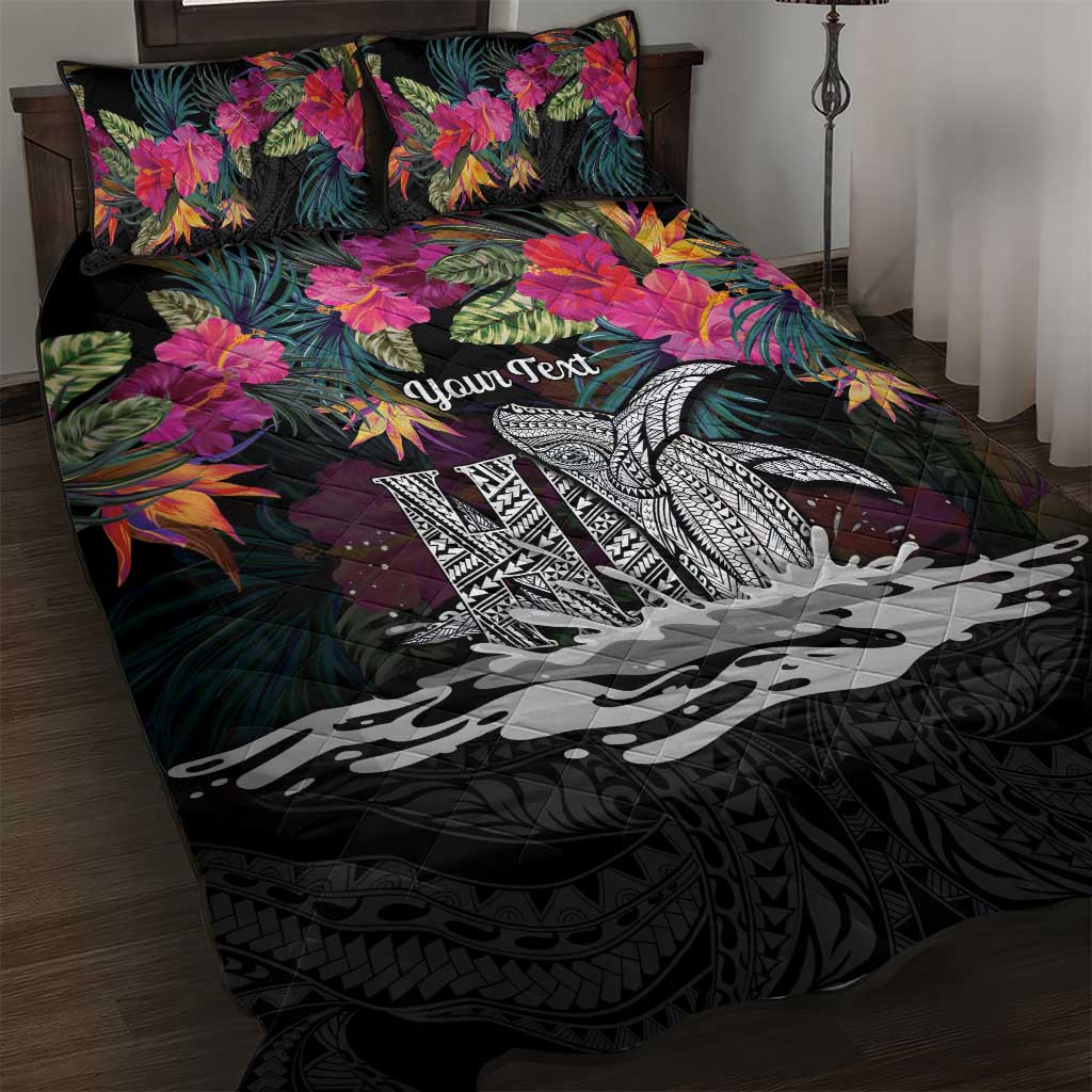 Personalised Hawaii Quilt Bed Set Humpback Whale Tattoo With Tropical Flowers Black