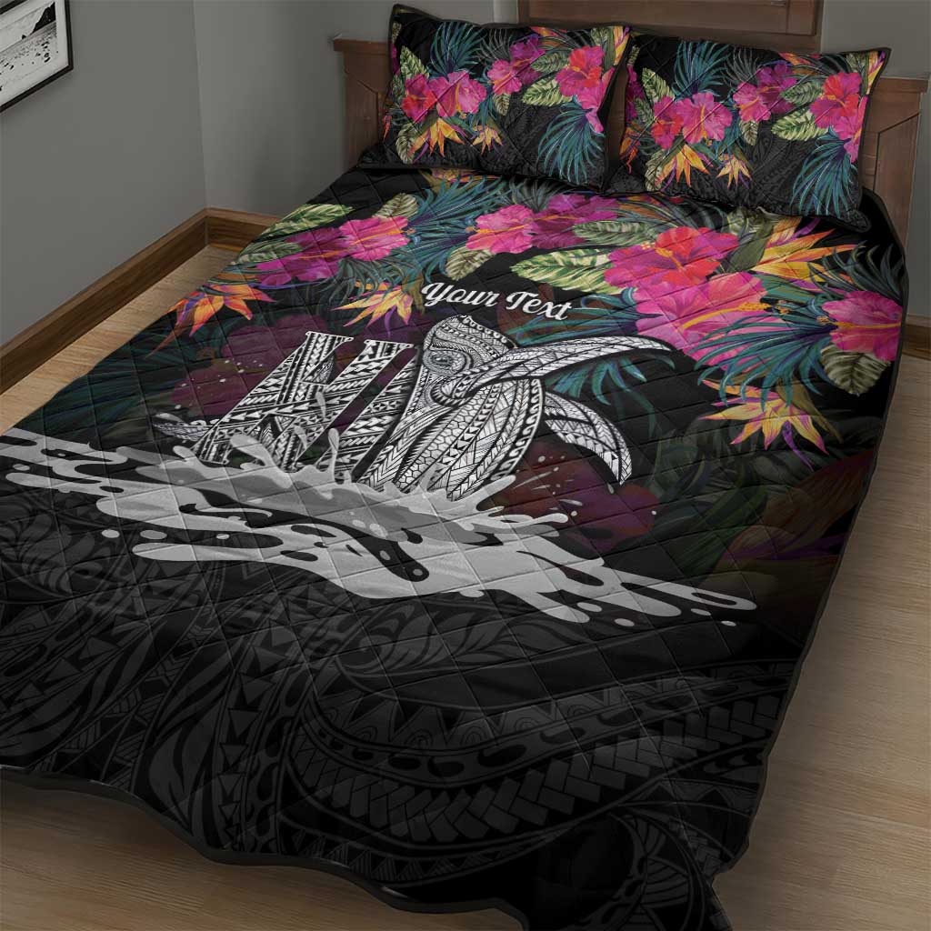 Personalised Hawaii Quilt Bed Set Humpback Whale Tattoo With Tropical Flowers Black