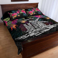 Personalised Hawaii Quilt Bed Set Humpback Whale Tattoo With Tropical Flowers Black