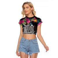 Personalised Hawaii Raglan Cropped T Shirt Humpback Whale Tattoo With Tropical Flowers Black