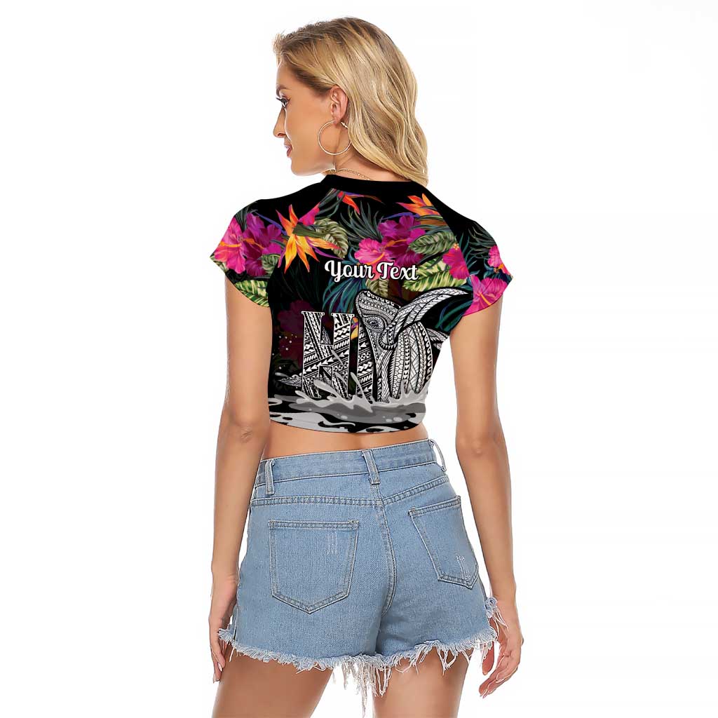 Personalised Hawaii Raglan Cropped T Shirt Humpback Whale Tattoo With Tropical Flowers Black