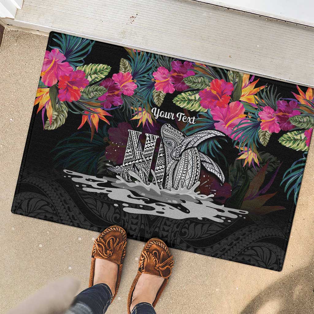 Personalised Hawaii Rubber Doormat Humpback Whale Tattoo With Tropical Flowers Black