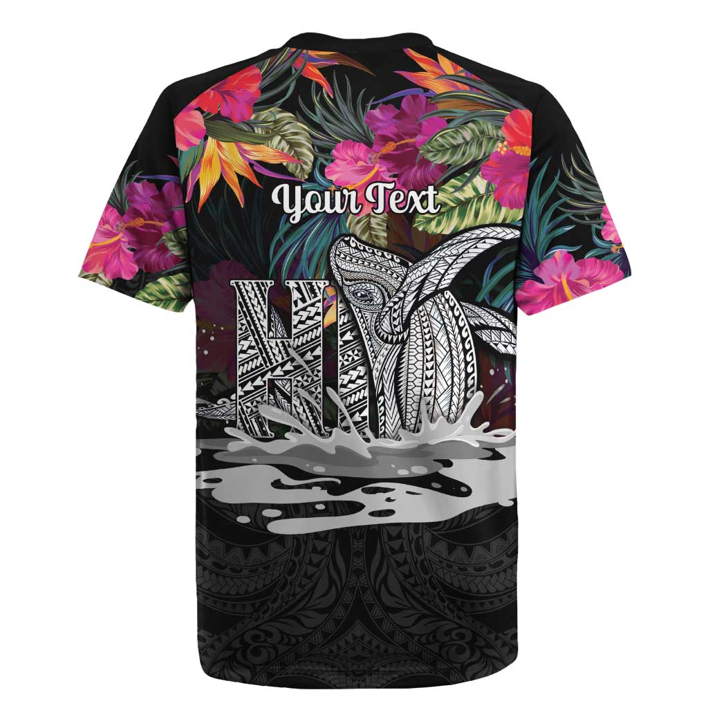Personalised Hawaii Rugby Jersey Humpback Whale Tattoo With Tropical Flowers Black