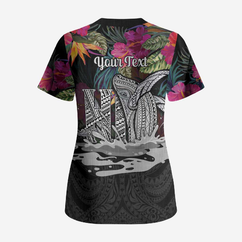 Personalised Hawaii Scrub Top Humpback Whale Tattoo With Tropical Flowers Black
