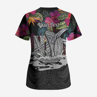 Personalised Hawaii Scrub Top Humpback Whale Tattoo With Tropical Flowers Black