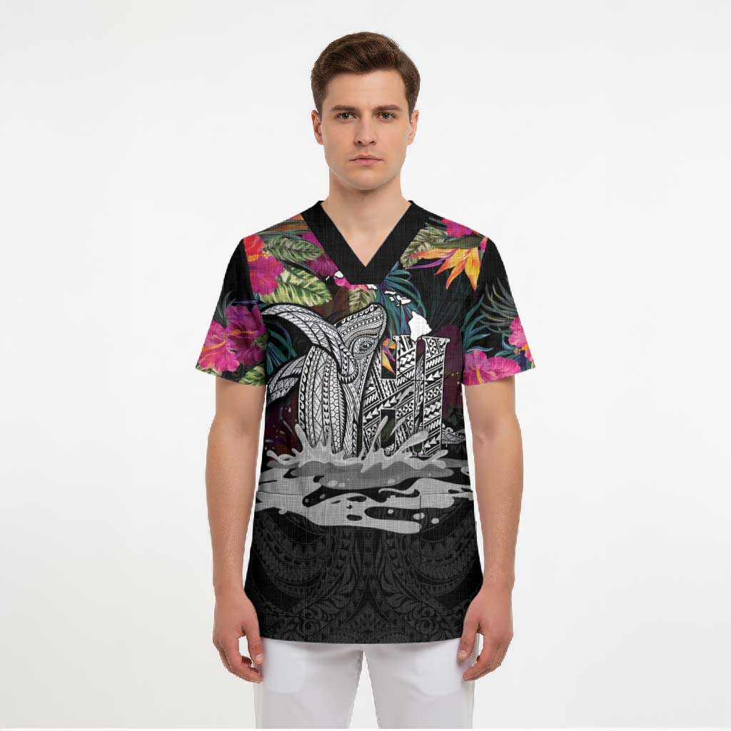 Personalised Hawaii Scrub Top Humpback Whale Tattoo With Tropical Flowers Black