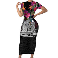 Personalised Hawaii Short Sleeve Bodycon Dress Humpback Whale Tattoo With Tropical Flowers Black