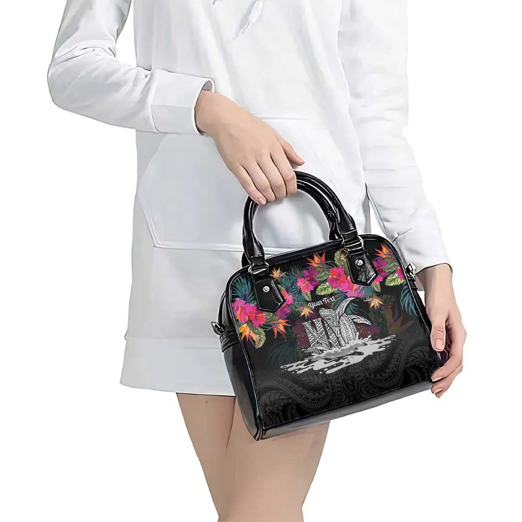 Personalised Hawaii Shoulder Handbag Humpback Whale Tattoo With Tropical Flowers Black