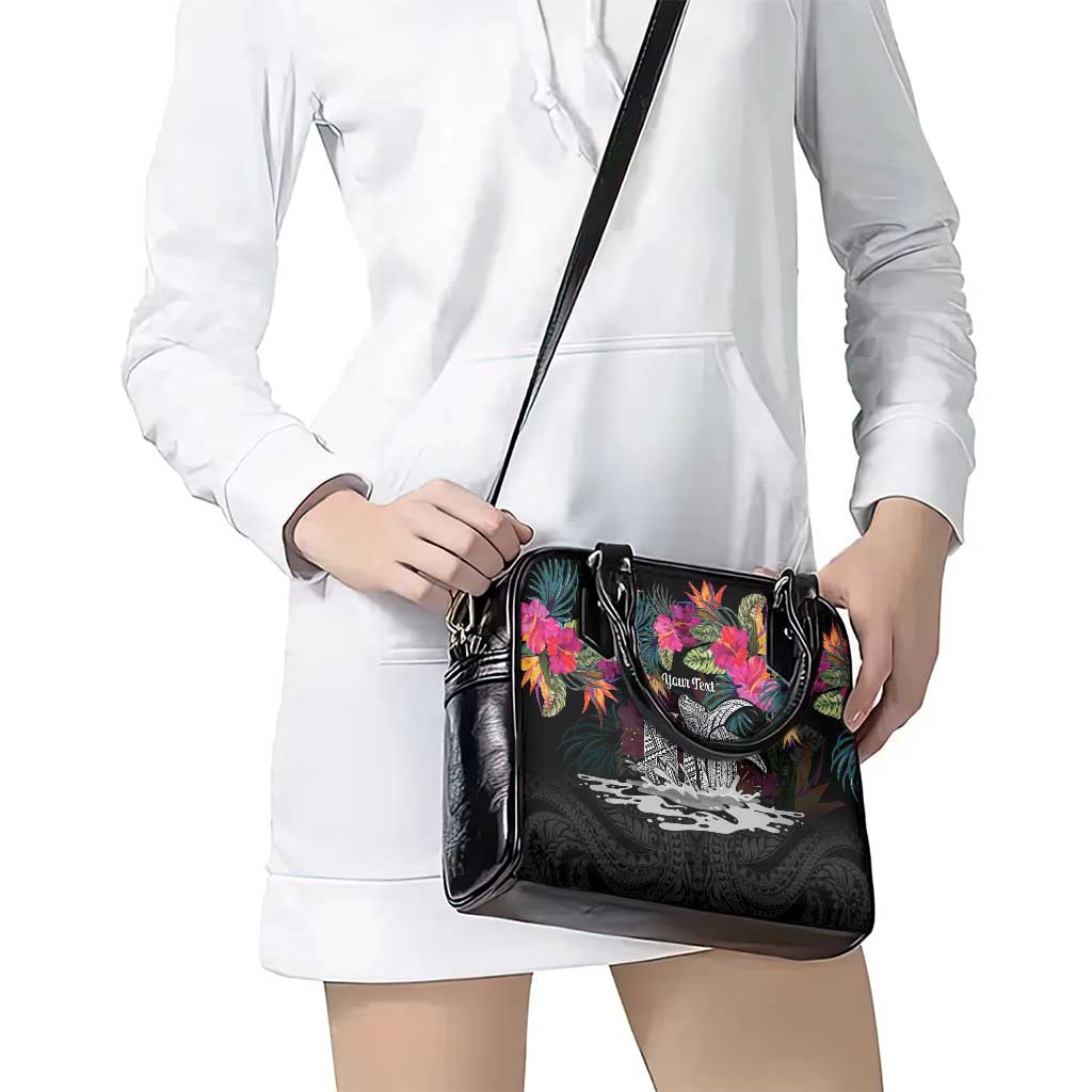 Personalised Hawaii Shoulder Handbag Humpback Whale Tattoo With Tropical Flowers Black