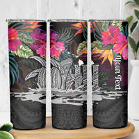 Personalised Hawaii Skinny Tumbler Humpback Whale Tattoo With Tropical Flowers Black