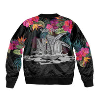Personalised Hawaii Sleeve Zip Bomber Jacket Humpback Whale Tattoo With Tropical Flowers Black