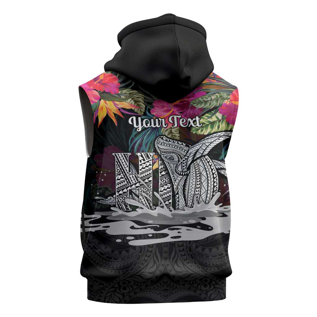 Personalised Hawaii Sleeveless Hoodie Humpback Whale Tattoo With Tropical Flowers Black