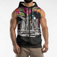 Personalised Hawaii Sleeveless Zip Hoodie Humpback Whale Tattoo With Tropical Flowers Black