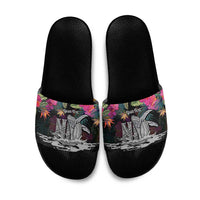 Personalised Hawaii Slide Sandals Humpback Whale Tattoo With Tropical Flowers Black