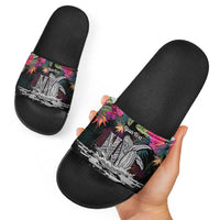 Personalised Hawaii Slide Sandals Humpback Whale Tattoo With Tropical Flowers Black