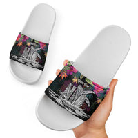 Personalised Hawaii Slide Sandals Humpback Whale Tattoo With Tropical Flowers Black