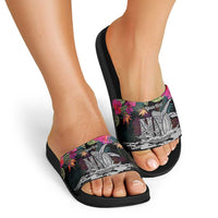 Personalised Hawaii Slide Sandals Humpback Whale Tattoo With Tropical Flowers Black