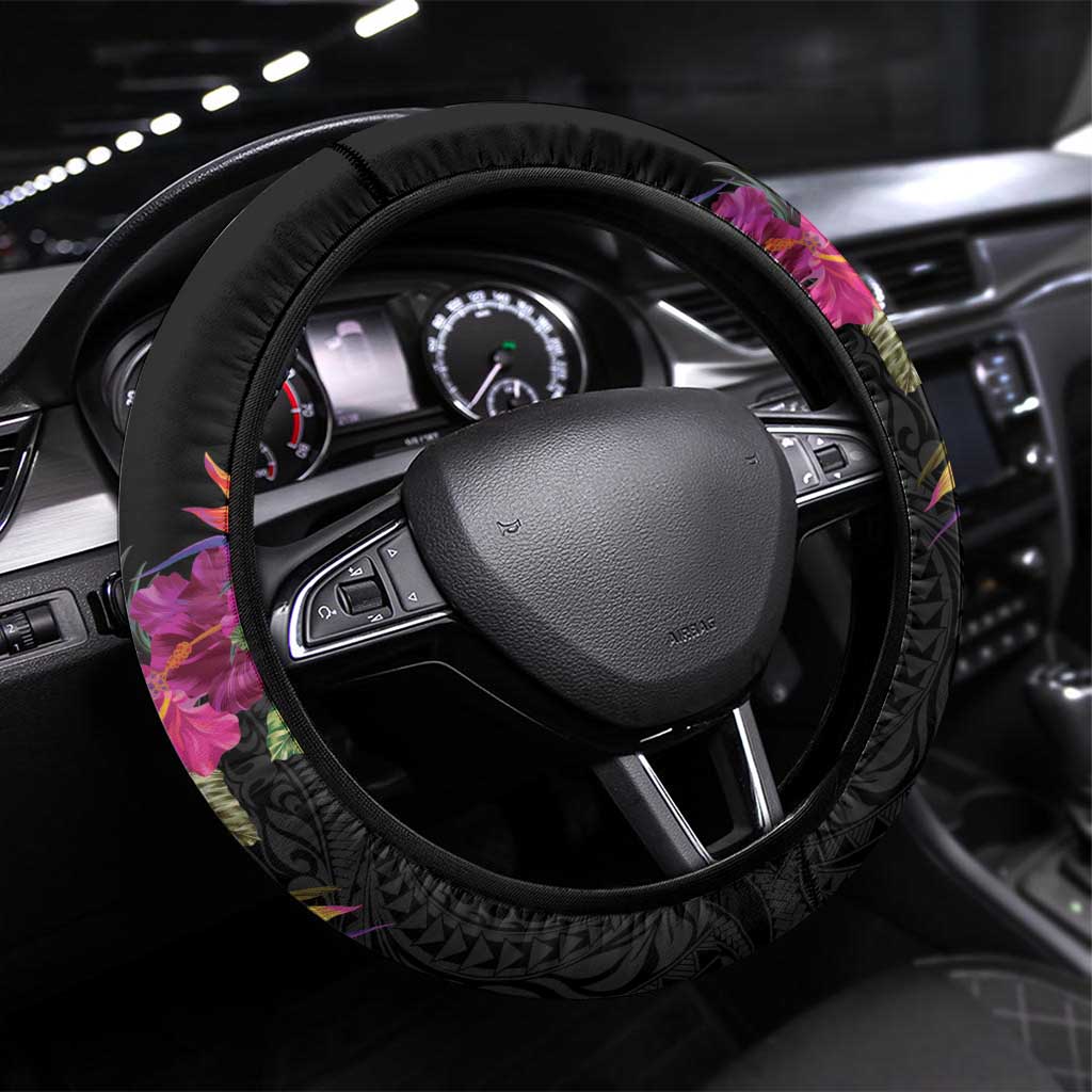 Hawaii Steering Wheel Cover Humpback Whale Tattoo With Tropical Flowers Black