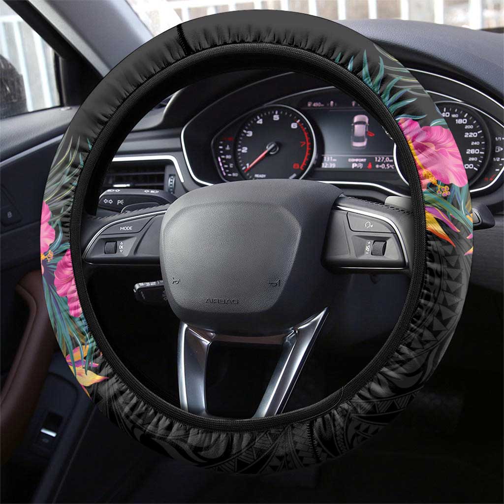 Hawaii Steering Wheel Cover Humpback Whale Tattoo With Tropical Flowers Black