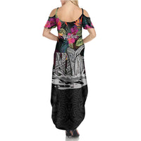 Personalised Hawaii Summer Maxi Dress Humpback Whale Tattoo With Tropical Flowers Black