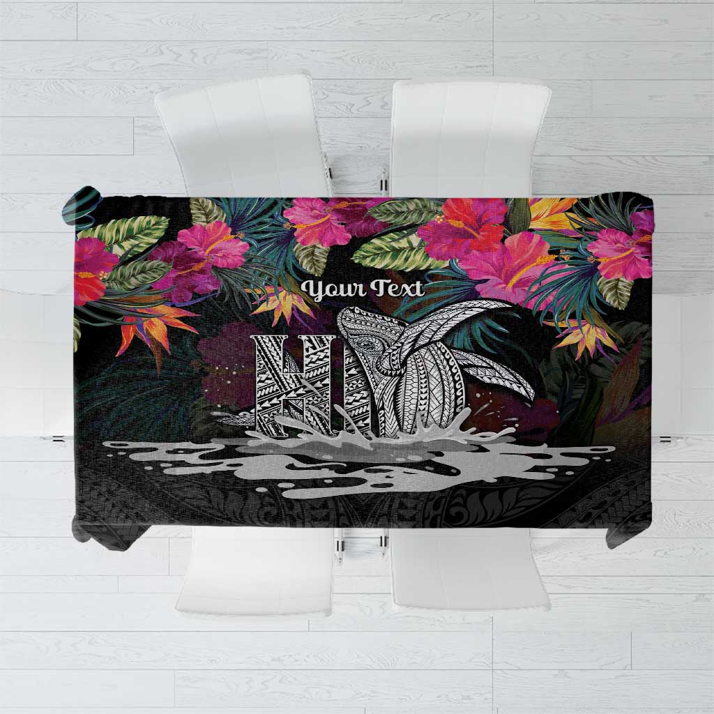 Personalised Hawaii Tablecloth Humpback Whale Tattoo With Tropical Flowers Black