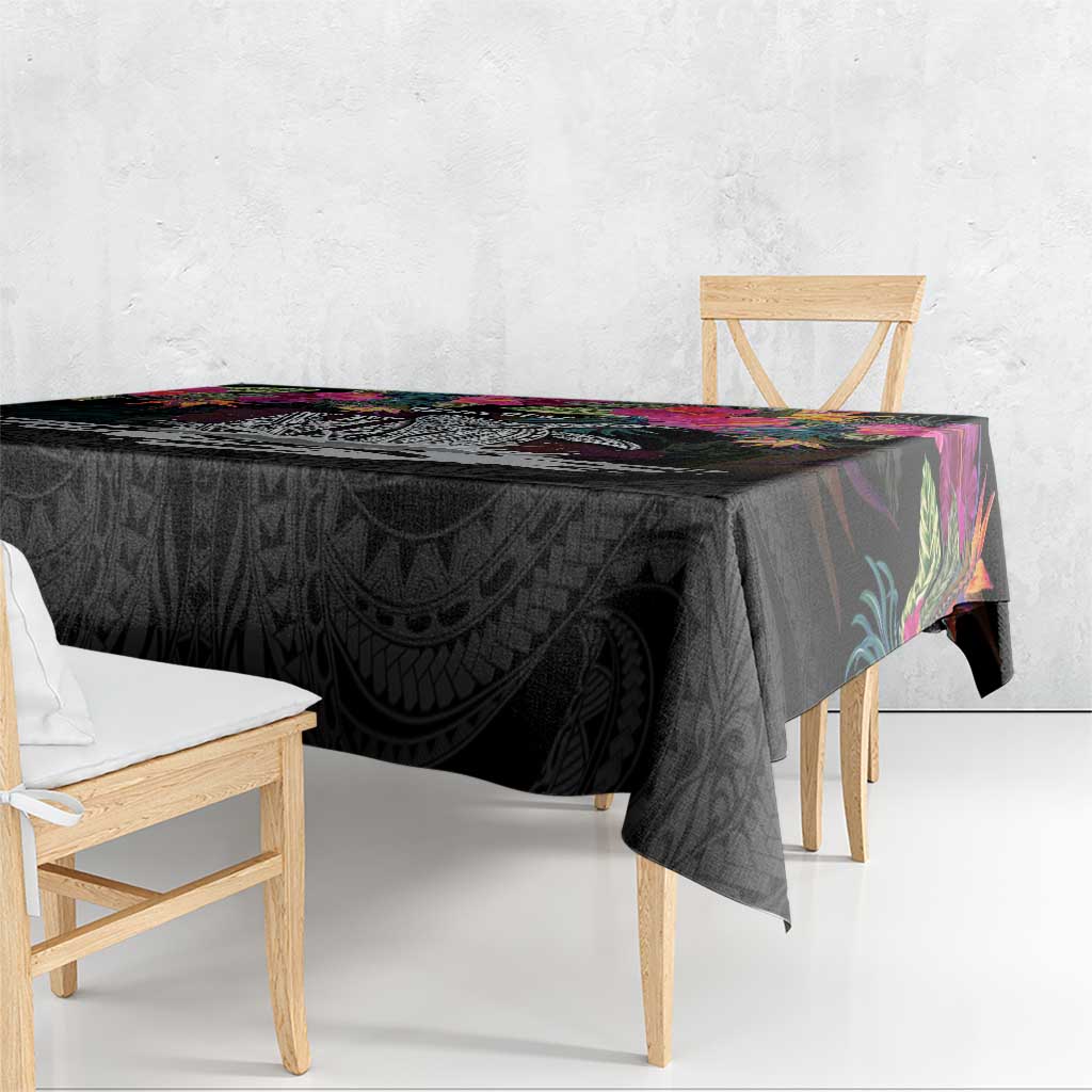 Personalised Hawaii Tablecloth Humpback Whale Tattoo With Tropical Flowers Black