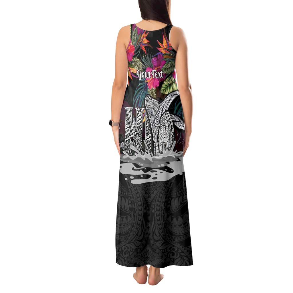 Personalised Hawaii Tank Maxi Dress Humpback Whale Tattoo With Tropical Flowers Black