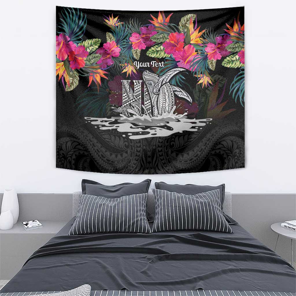Personalised Hawaii Tapestry Humpback Whale Tattoo With Tropical Flowers Black