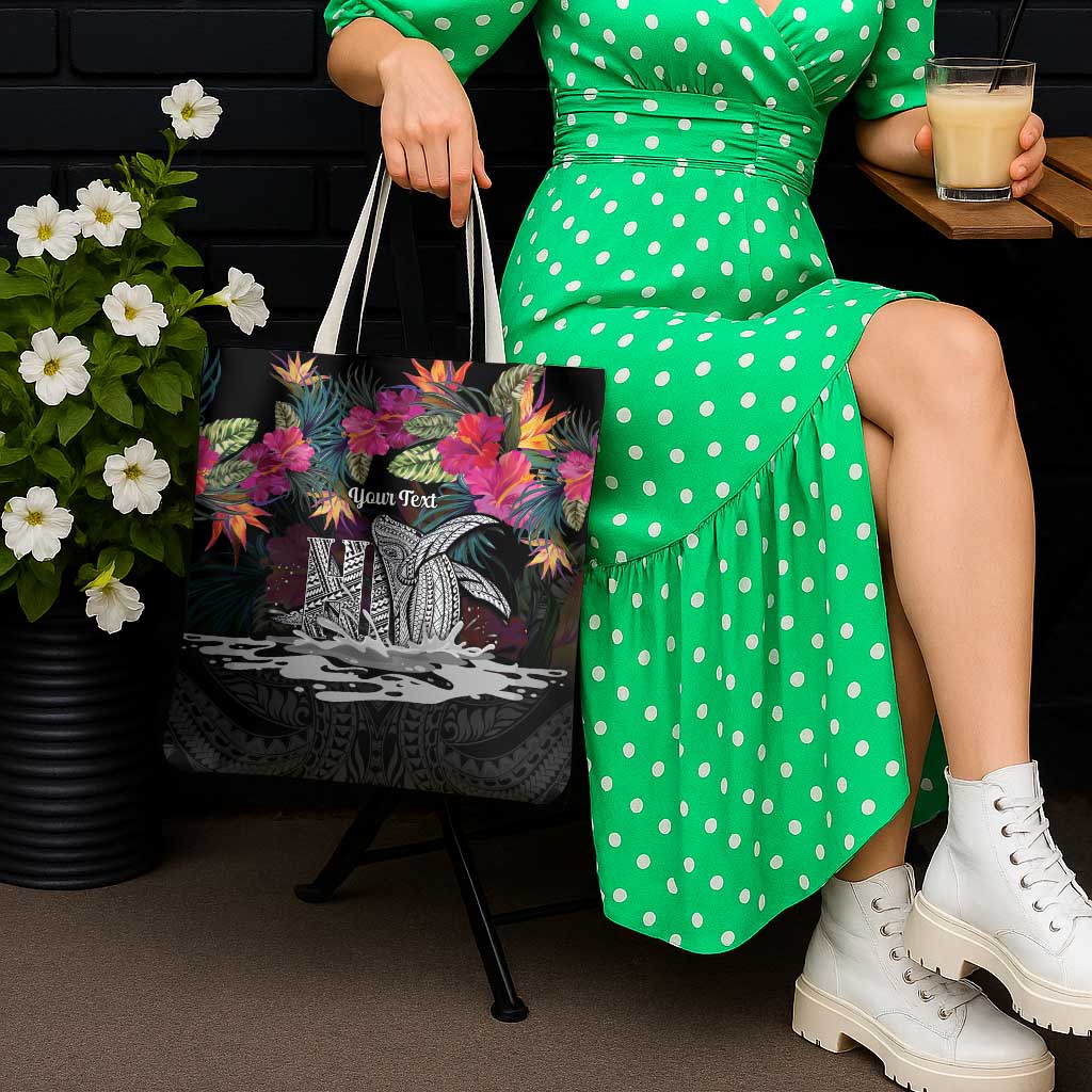 Personalised Hawaii Tote Bag Humpback Whale Tattoo With Tropical Flowers Black